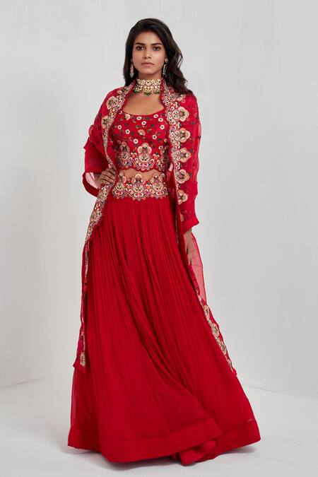 Rishi And Soujit_Red Raw Silk, Organza, Georgette Round Embroidered Bridal Lehenga Set _Online_at_Aza_Fashions
