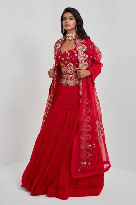 Buy_Rishi And Soujit_Red Raw Silk, Organza, Georgette Round Embroidered Bridal Lehenga Set _Online_at_Aza_Fashions