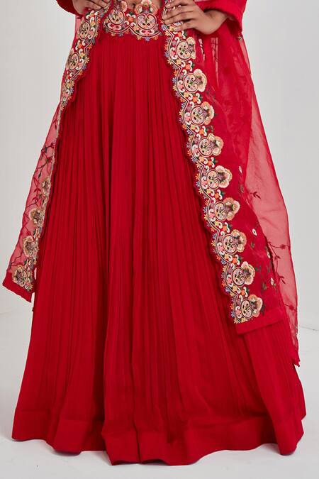 Shop_Rishi And Soujit_Red Raw Silk, Organza, Georgette Round Embroidered Bridal Lehenga Set _Online_at_Aza_Fashions