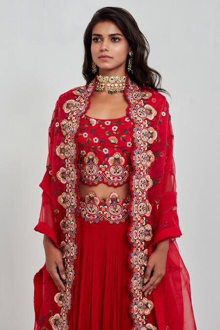 Rishi And Soujit_Red Raw Silk, Organza, Georgette Round Embroidered Bridal Lehenga Set _at_Aza_Fashions