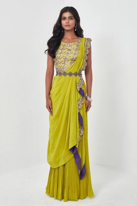 Rishi And Soujit_Yellow Raw Silk, Crepe Round Pre-draped Saree With Blouse _Online_at_Aza_Fashions