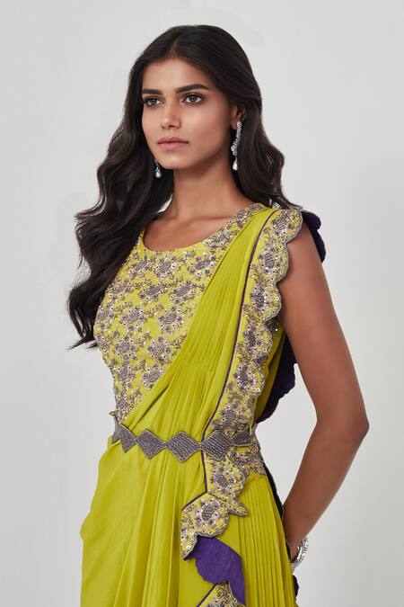 Buy_Rishi And Soujit_Yellow Raw Silk, Crepe Round Pre-draped Saree With Blouse _Online_at_Aza_Fashions