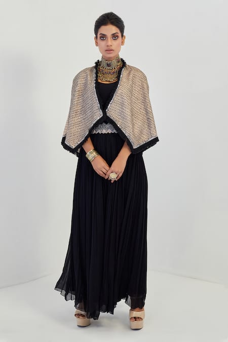 Rishi And Soujit Black Georgette Embroidery Cape Open Jumpsuit Gathered And Set  