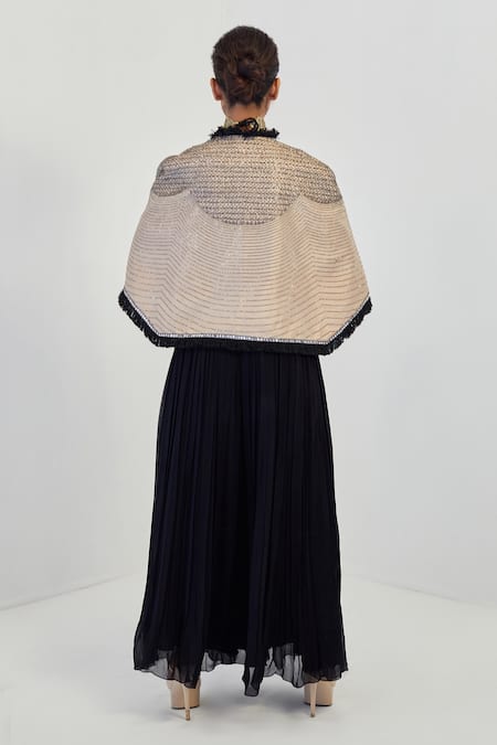 Shop_Rishi And Soujit_Black Georgette Embroidery Cape Open Jumpsuit Gathered And Set  _at_Aza_Fashions