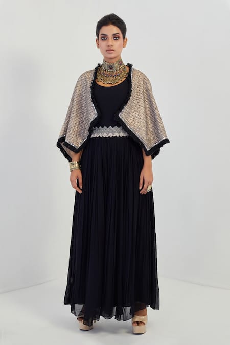 Rishi And Soujit_Black Georgette Embroidery Cape Open Jumpsuit Gathered And Set  _Online_at_Aza_Fashions