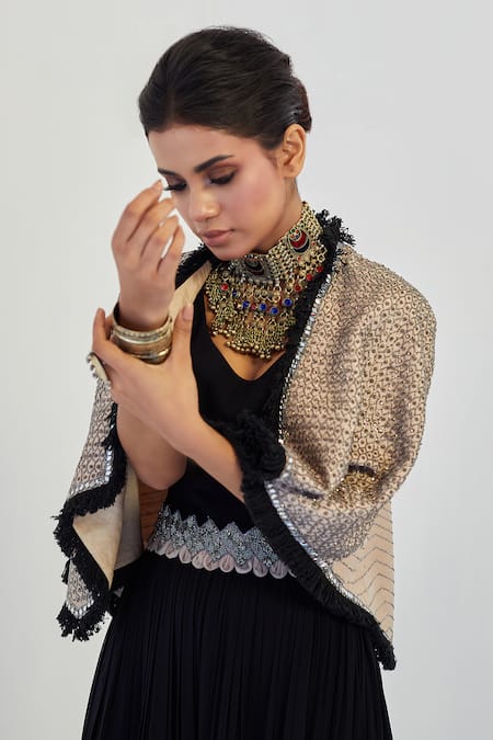 Buy_Rishi And Soujit_Black Georgette Embroidery Cape Open Jumpsuit Gathered And Set  _Online_at_Aza_Fashions