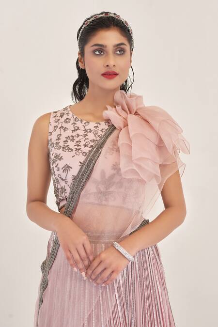 Rishi And Soujit_Peach Organza, Crepe Round Embellished Lehenga Set_Online_at_Aza_Fashions