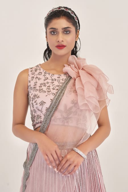 Shop_Rishi And Soujit_Peach Organza, Crepe Round Embellished Lehenga Set_Online_at_Aza_Fashions