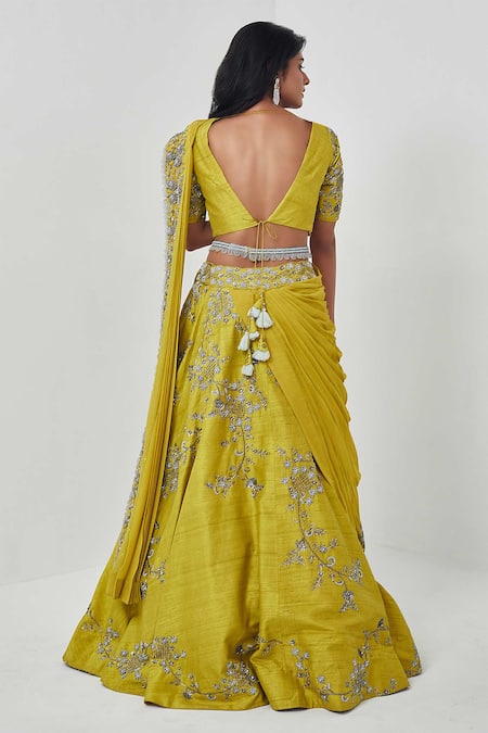 Shop_Rishi And Soujit_Yellow Raw Silk, Georgette Cutdana, Floral, Work Pre-draped Lehenga Saree Set _at_Aza_Fashions