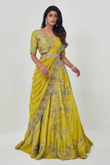 Buy Yellow Viscose Crepe Print Ikkat Bloom Lehenga Saree With Blouse For  Women by AFFROZ Online at Aza Fashions.