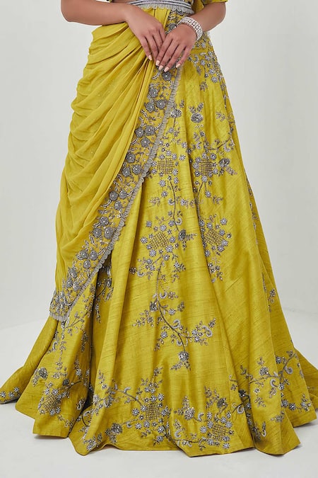 Shop_Rishi And Soujit_Yellow Raw Silk, Georgette Cutdana, Floral, Work Pre-draped Lehenga Saree Set _Online_at_Aza_Fashions