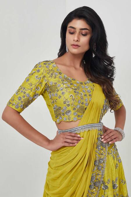 Rishi And Soujit_Yellow Raw Silk, Georgette Cutdana, Floral, Work Pre-draped Lehenga Saree Set _at_Aza_Fashions