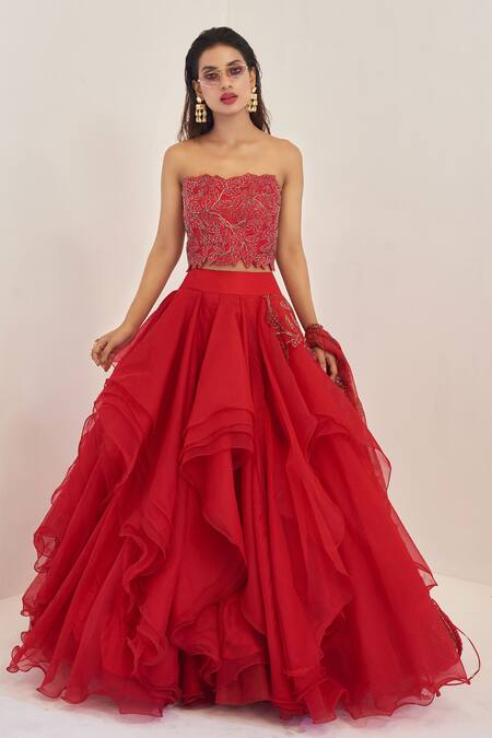 Rishi And Soujit_Red Raw Silk, Organza Bandeau Cascade Lehenga Set_Online_at_Aza_Fashions