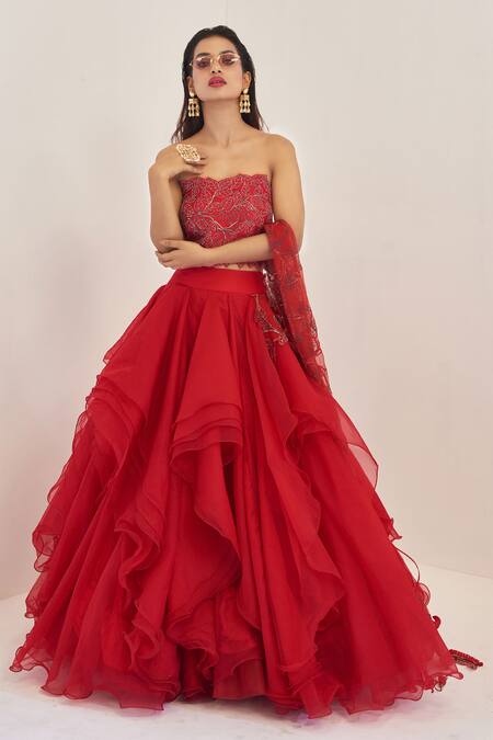 Buy_Rishi And Soujit_Red Raw Silk, Organza Bandeau Cascade Lehenga Set_Online_at_Aza_Fashions