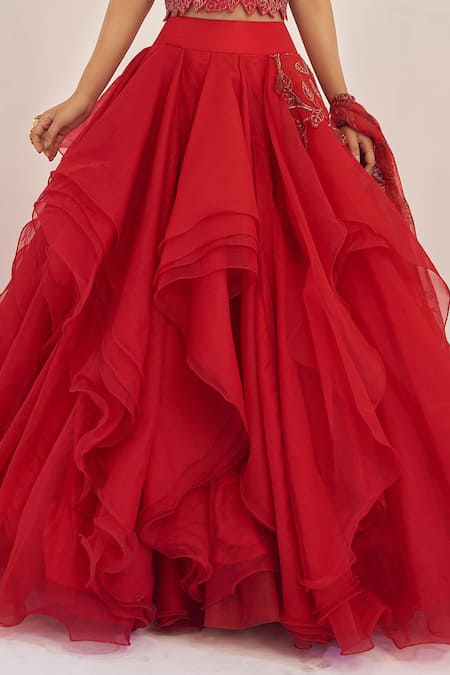 Shop_Rishi And Soujit_Red Raw Silk, Organza Bandeau Cascade Lehenga Set_Online_at_Aza_Fashions