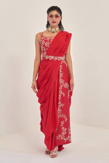 Rishi And Soujit_Red Raw Silk, Crepe Square Neck Pre-draped Saree With Asymmetric Jacket_Online_at_Aza_Fashions