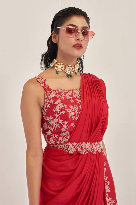 Buy_Rishi And Soujit_Red Raw Silk, Crepe Square Neck Pre-draped Saree With Asymmetric Jacket_Online_at_Aza_Fashions