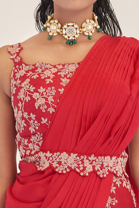 Rishi And Soujit_Red Raw Silk, Crepe Square Neck Pre-draped Saree With Asymmetric Jacket_at_Aza_Fashions