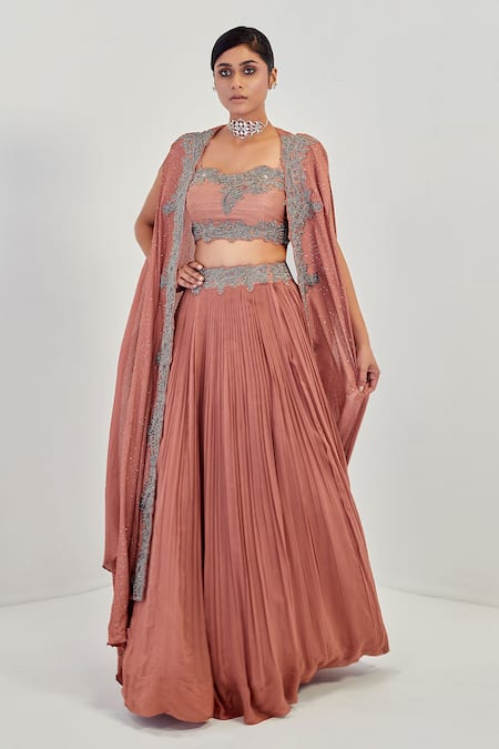Rishi and Soujit Pink Raw Silk Embroidery Bustier Square Throw Cape And Lehenga Set  