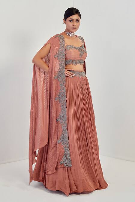 Rishi And Soujit_Pink Raw Silk, Georgette Bustier Square Throw Embroidered Cape And Lehenga Set_Online_at_Aza_Fashions