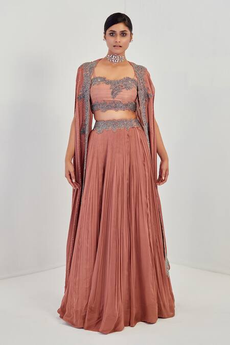 Buy_Rishi And Soujit_Pink Raw Silk, Georgette Bustier Square Throw Embroidered Cape And Lehenga Set_Online_at_Aza_Fashions