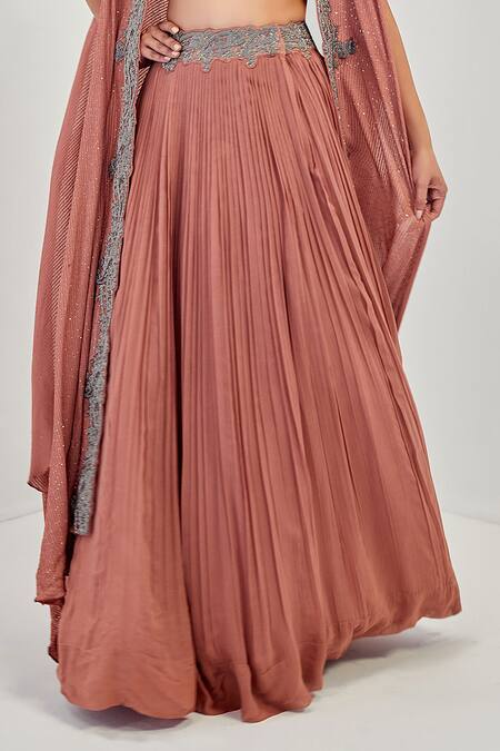 Shop_Rishi And Soujit_Pink Raw Silk, Georgette Bustier Square Throw Embroidered Cape And Lehenga Set_Online_at_Aza_Fashions