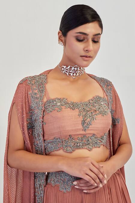 Rishi And Soujit_Pink Raw Silk, Georgette Bustier Square Throw Embroidered Cape And Lehenga Set_at_Aza_Fashions
