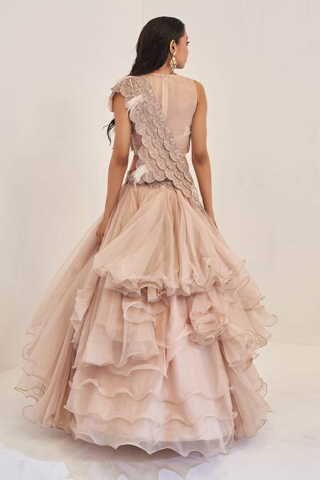 Shop Rishi And Soujit Beige Raw Silk, Organza Round Ruffle Layered Lehenga Set at Aza Fashions Shop_Rishi And Soujit_Beige Raw Silk, Organza Round Ruffle Layered Lehenga Set_at_Aza_Fashions