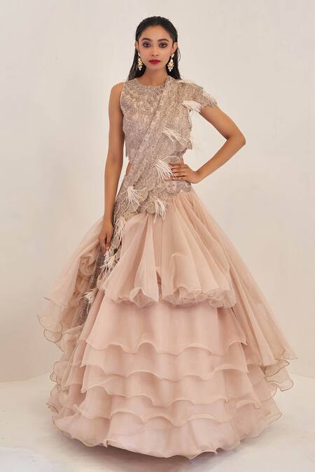 Rishi And Soujit Beige Raw Silk, Organza Round Ruffle Layered Lehenga Set Online at Aza Fashions Rishi And Soujit_Beige Raw Silk, Organza Round Ruffle Layered Lehenga Set_Online_at_Aza_Fashions