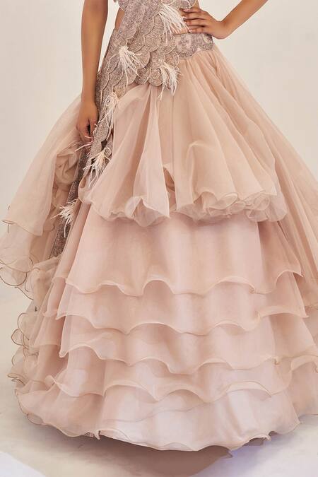 Rishi And Soujit Beige Raw Silk, Organza Round Ruffle Layered Lehenga Set at Aza Fashions Rishi And Soujit_Beige Raw Silk, Organza Round Ruffle Layered Lehenga Set_at_Aza_Fashions