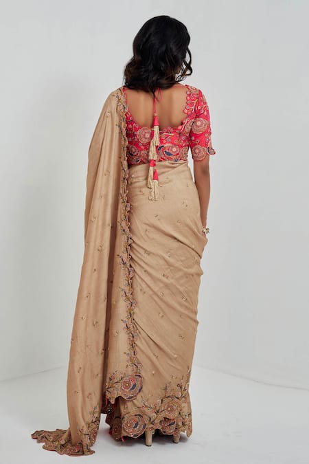 Shop_Rishi And Soujit_Beige Saree Tussar Blouse Raw Silk Embroidery Round With _at_Aza_Fashions
