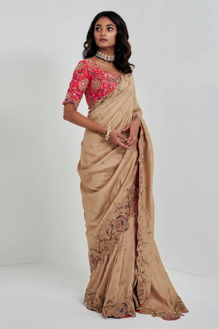 Rishi And Soujit_Beige Saree Tussar Blouse Raw Silk Embroidery Round With _Online_at_Aza_Fashions