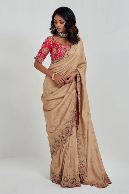Buy_Rishi And Soujit_Beige Saree Tussar Blouse Raw Silk Embroidery Round With _Online_at_Aza_Fashions