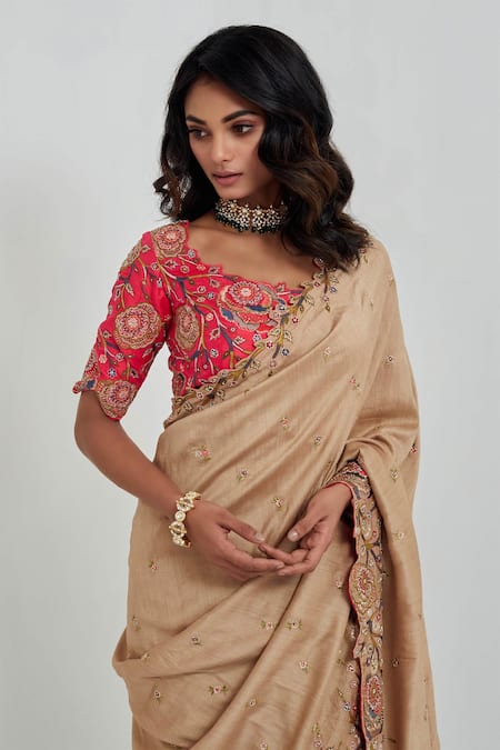 Shop_Rishi And Soujit_Beige Saree Tussar Blouse Raw Silk Embroidery Round With _Online_at_Aza_Fashions