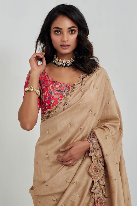 Rishi And Soujit_Beige Saree Tussar Blouse Raw Silk Embroidery Round With _at_Aza_Fashions