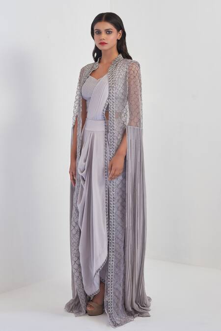 Rishi And Soujit_Grey Organza, Crepe, Georgette Blousesweetheart Pre-draped Saree And Cape Set_Online_at_Aza_Fashions