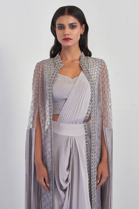 Buy_Rishi And Soujit_Grey Organza, Crepe, Georgette Blousesweetheart Pre-draped Saree And Cape Set_Online_at_Aza_Fashions