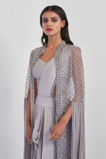 Shop_Rishi And Soujit_Grey Organza, Crepe, Georgette Blousesweetheart Pre-draped Saree And Cape Set_Online_at_Aza_Fashions