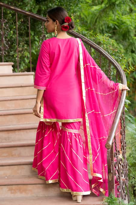 Shop Maison Shefali Pink Cotton Dupatta Kota Doria Round Embroidered Kurta And Sharara Set at Aza Fashions Shop_Maison Shefali_Pink Cotton Dupatta Kota Doria Round Embroidered Kurta And Sharara Set _at_Aza_Fashions