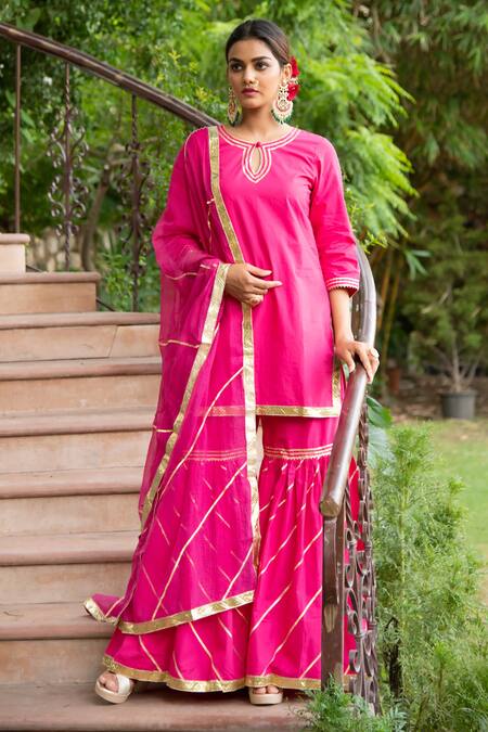 Buy Maison Shefali Pink Cotton Dupatta Kota Doria Round Embroidered Kurta And Sharara Set Online at Aza Fashions Buy_Maison Shefali_Pink Cotton Dupatta Kota Doria Round Embroidered Kurta And Sharara Set _Online_at_Aza_Fashions