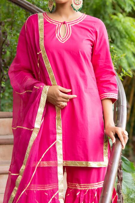 Maison Shefali Pink Cotton Dupatta Kota Doria Round Embroidered Kurta And Sharara Set at Aza Fashions Maison Shefali_Pink Cotton Dupatta Kota Doria Round Embroidered Kurta And Sharara Set _at_Aza_Fashions