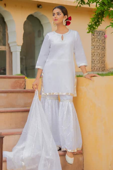 Maison Shefali_White Cotton Dupatta Kota Doria Round Embroidered Kurta And Sharara Set _Online_at_Aza_Fashions