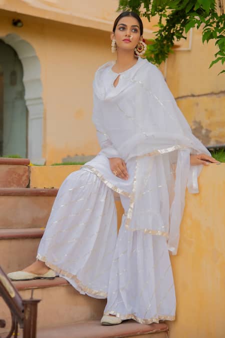 Buy_Maison Shefali_White Cotton Dupatta Kota Doria Round Embroidered Kurta And Sharara Set _Online_at_Aza_Fashions