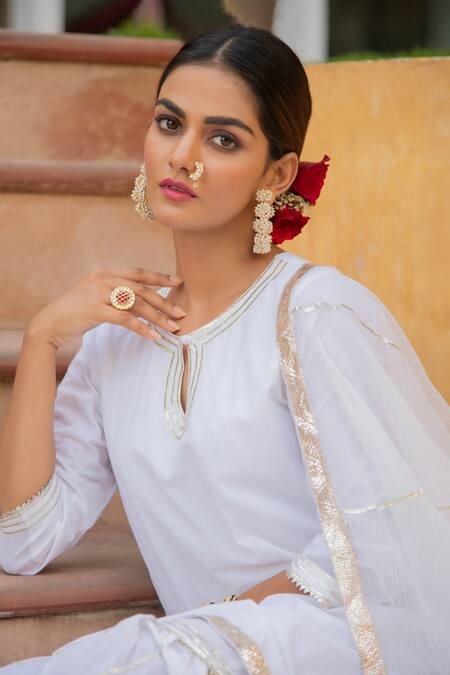 Shop_Maison Shefali_White Cotton Dupatta Kota Doria Round Embroidered Kurta And Sharara Set _Online_at_Aza_Fashions