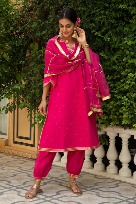 Maison Shefali_Pink Cotton Embroidery Round Kurta Set _Online_at_Aza_Fashions