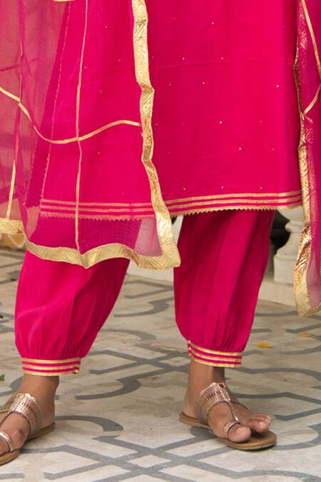 Maison Shefali_Pink Cotton Embroidery Round Kurta Set _at_Aza_Fashions