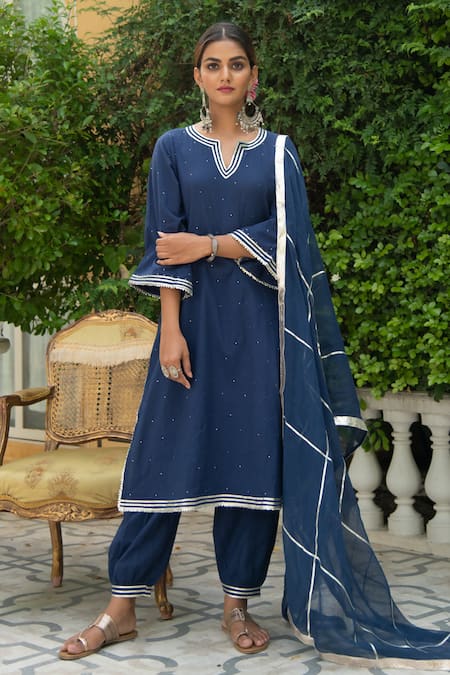 Maison Shefali Blue Cotton Round Kurta Set Online at Aza Fashions Maison Shefali_Blue Cotton Round Kurta Set _Online_at_Aza_Fashions