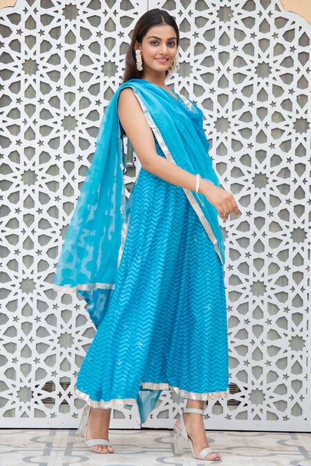 Maison Shefali_Blue Cotton Dupatta Kota Doria V Neck Leheriya Anarkali With _Online_at_Aza_Fashions