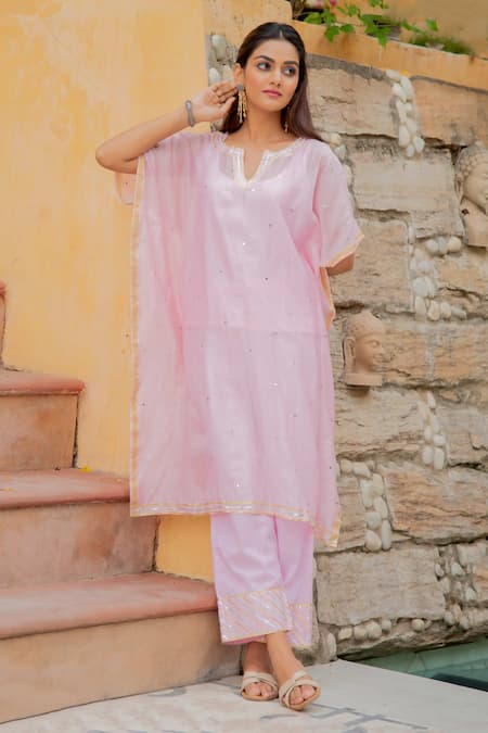 Maison Shefali_Pink Kurta Chanderi Pant Cotton Round And Set _Online_at_Aza_Fashions