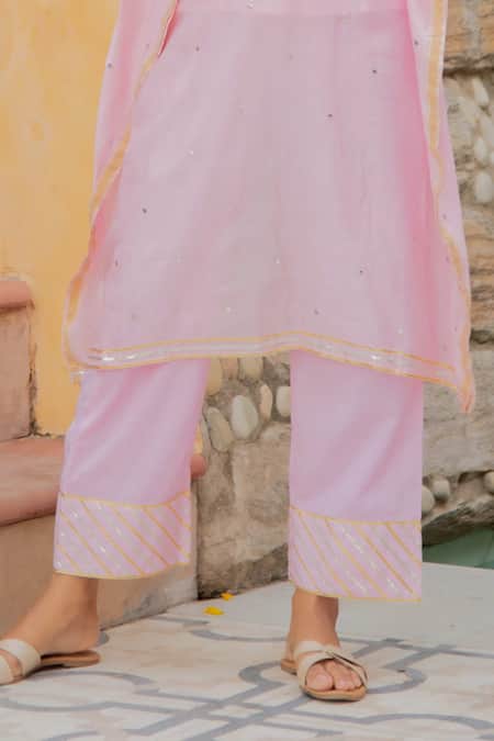 Maison Shefali_Pink Kurta Chanderi Pant Cotton Round And Set _at_Aza_Fashions